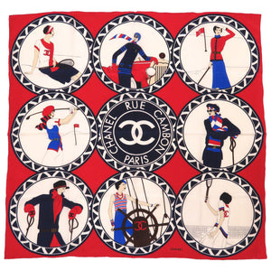 美品 シャネル ココシャネル ココマーク レッド ネイビー ホワイト シルクサテン スカーフ 0246 【中古】 CHANEL