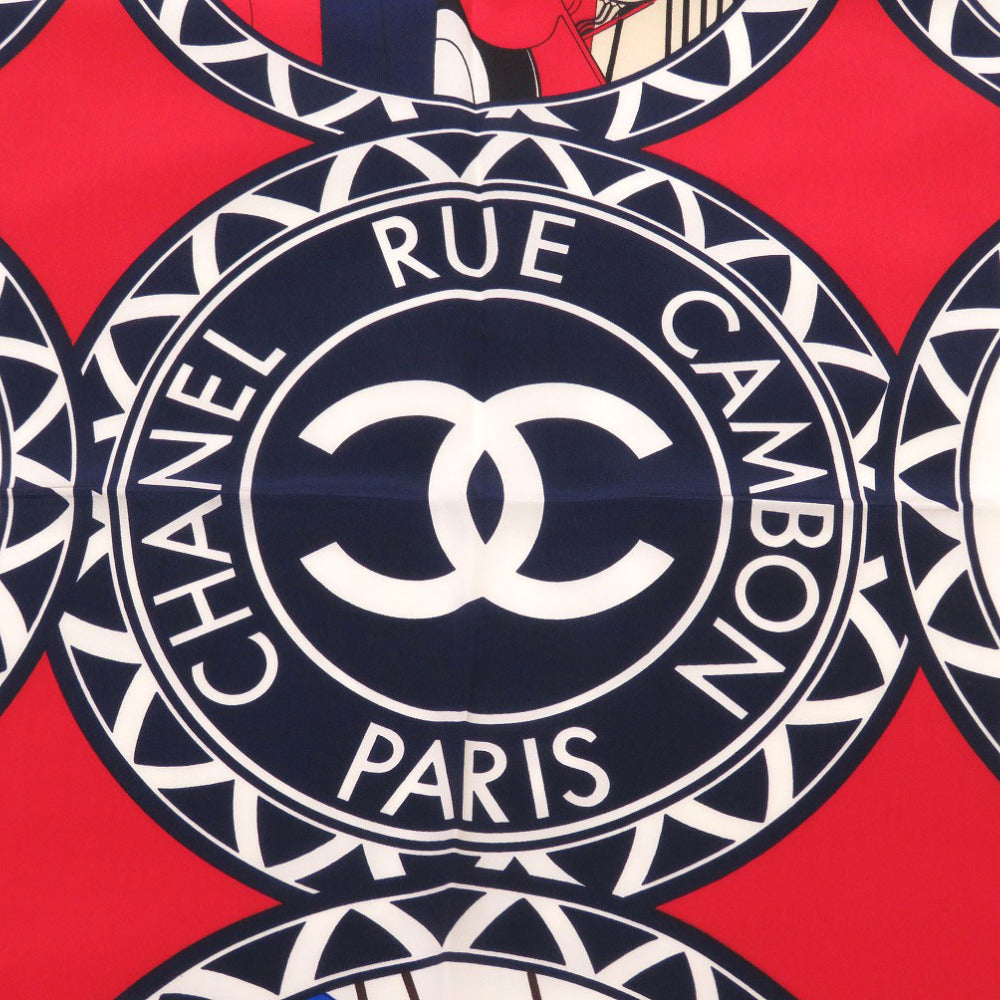 美品 シャネル ココシャネル ココマーク レッド ネイビー ホワイト シルクサテン スカーフ 0246 【中古】 CHANEL