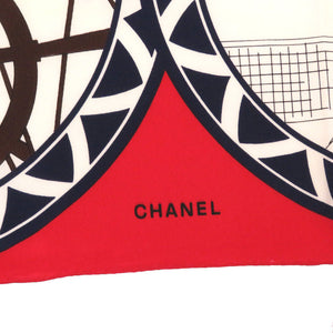 美品 シャネル ココシャネル ココマーク レッド ネイビー ホワイト シルクサテン スカーフ 0246 【中古】 CHANEL