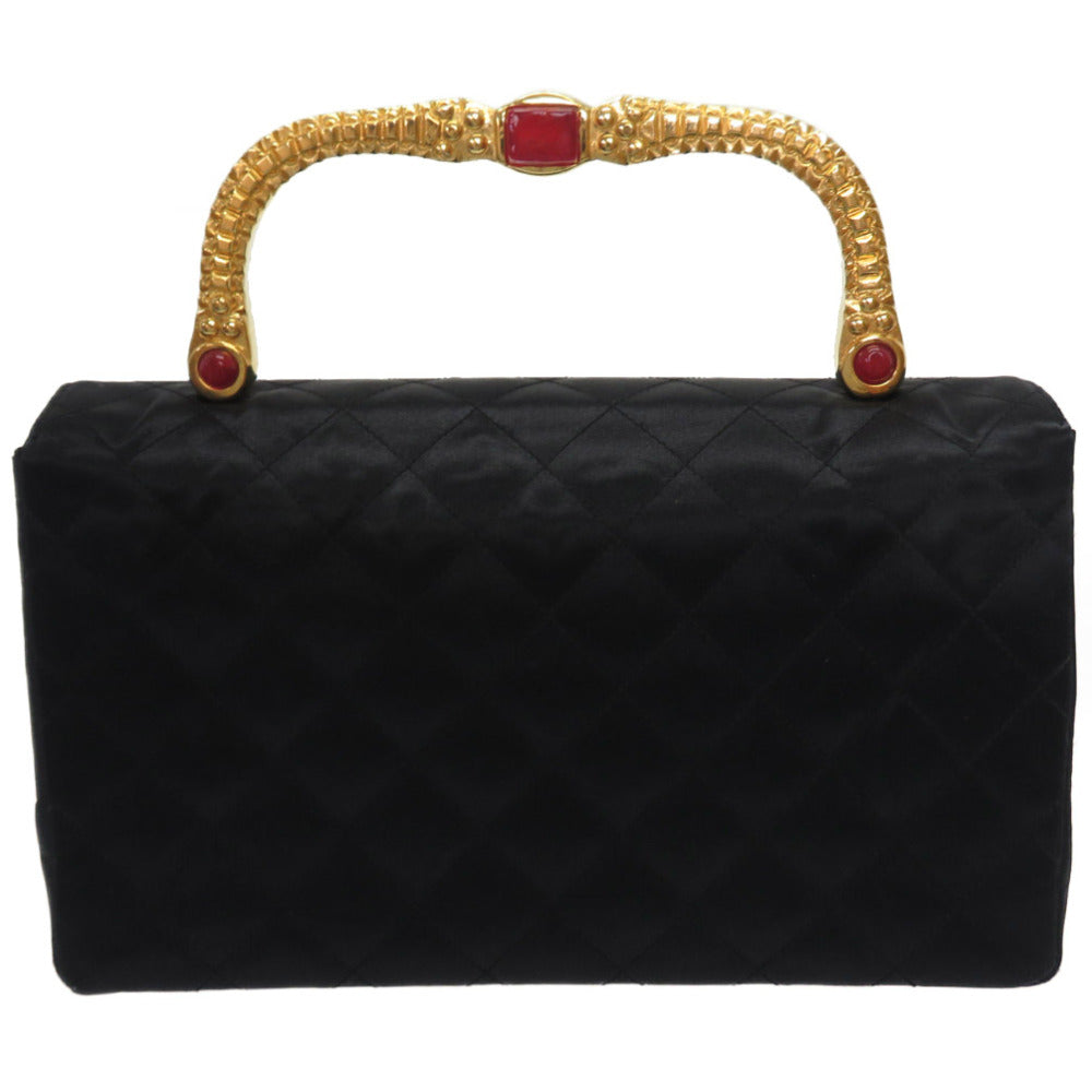 希少 美品 シャネル ゴールドハンドル ストーン シルクサテン ブラック ココマーク ターンロック ハンドバッグ バッグ 黒 0009 【中古】 CHANEL