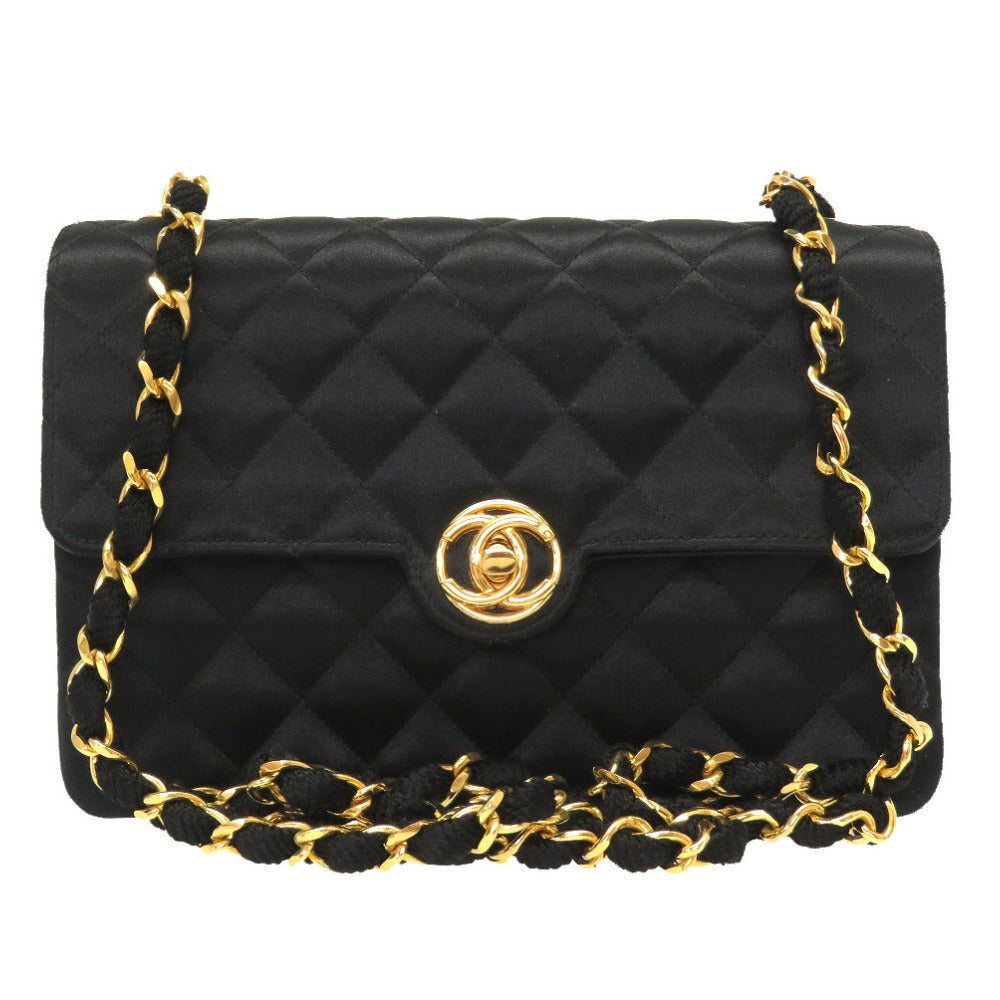 美品 シャネル マトラッセ ブラック サテン 1番台 ゴールドチェーン ショルダーバッグ ココマーク ターンロック バッグ 黒 0021 【中古】 CHANEL