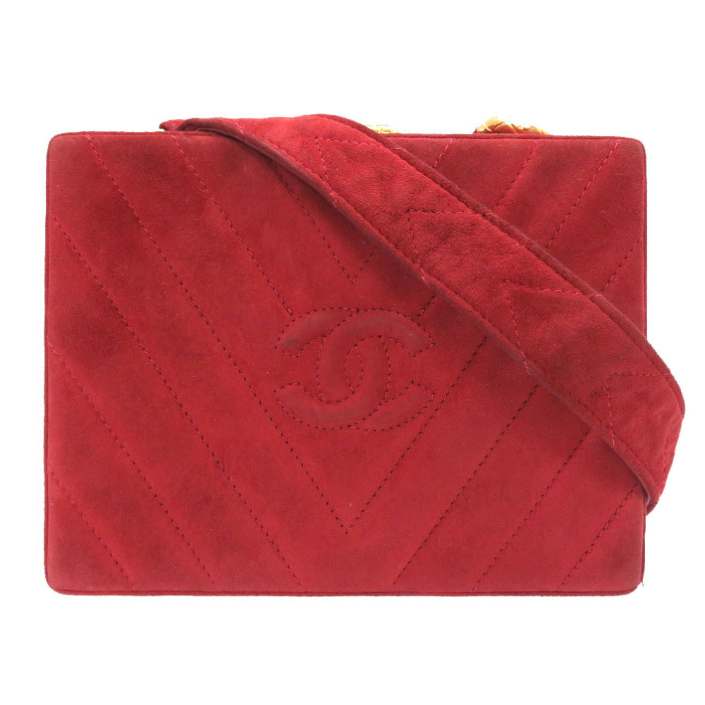 シャネル Vステッチ レッド スエード マトラッセ ココマーク がま口 ゴールドチェーン ショルダーバッグ バッグ 赤 0031【中古】CHANEL