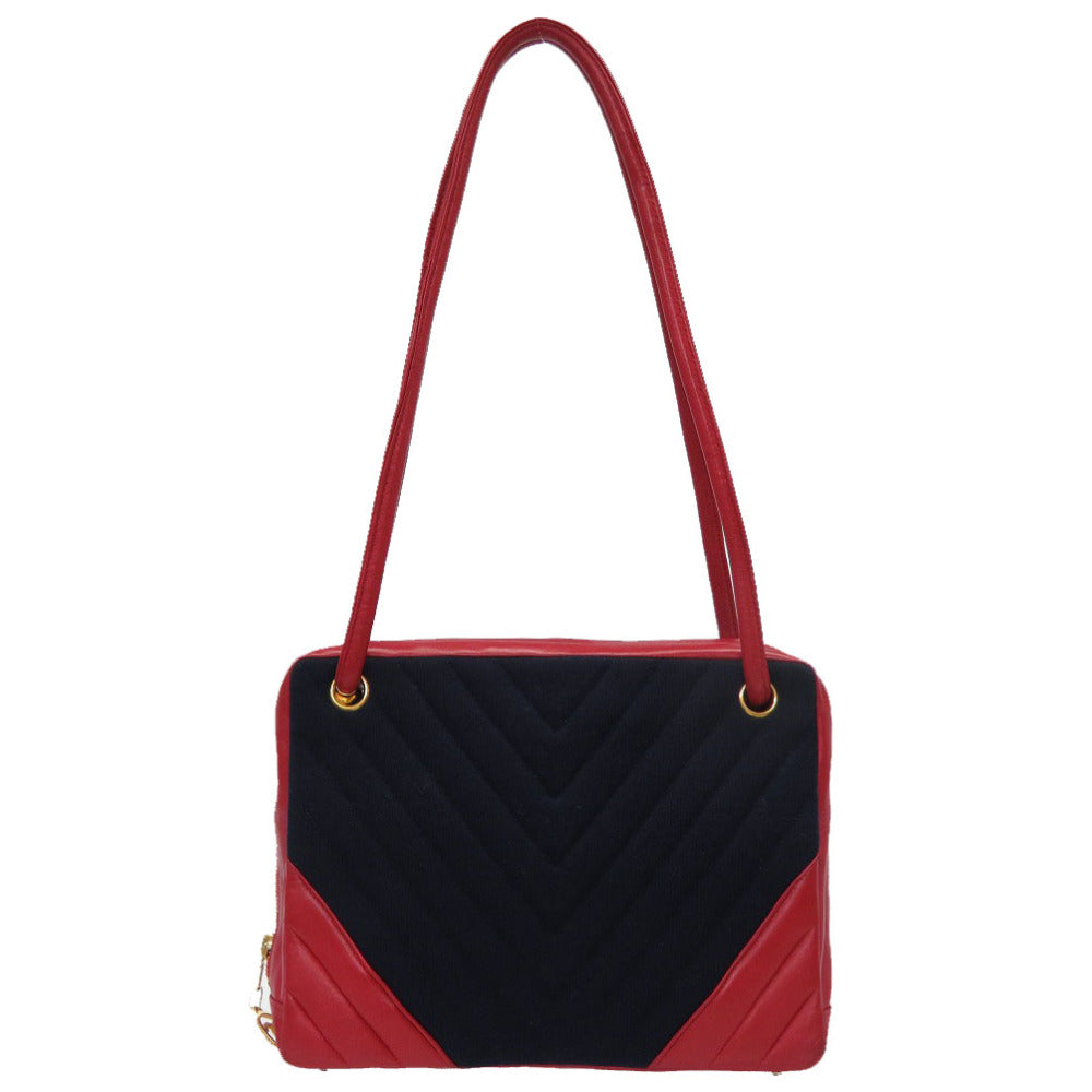 シャネル Vステッチ ラムスキン ジャージ レッド ネイビー 16番台 ココマーク ショルダーバッグ バッグ 赤 紺 0034 【中古】 CHANEL