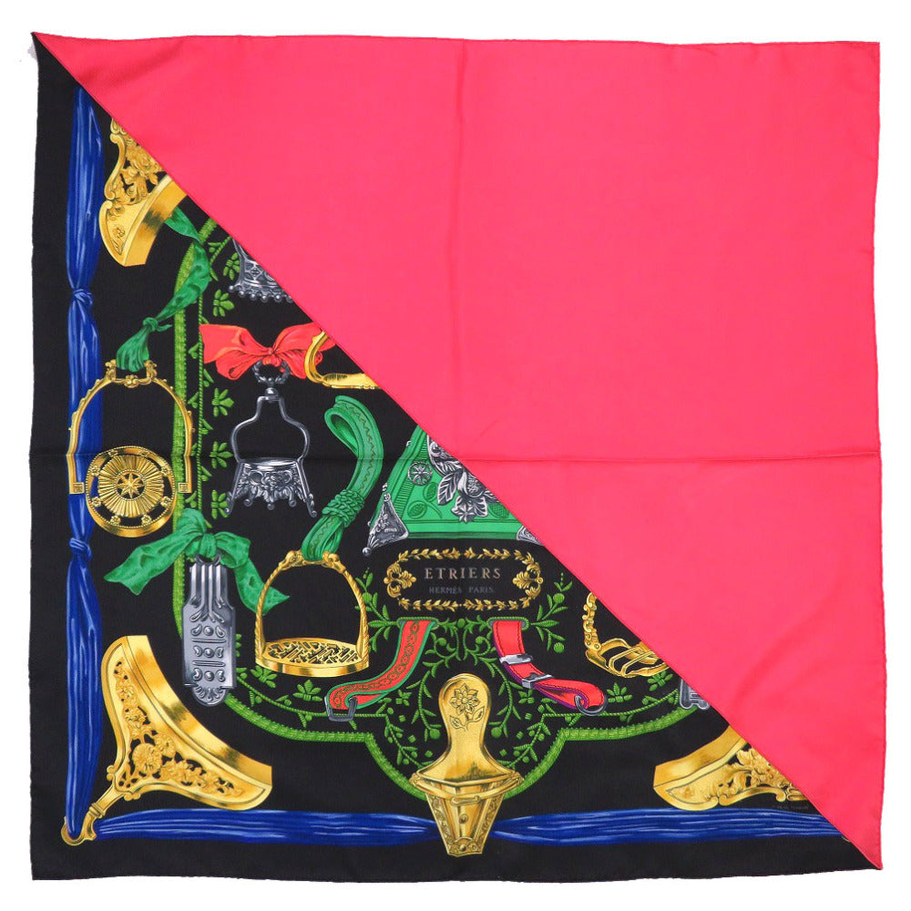 新品同様 エルメス カレ90 ETRIERS 鐙 F de LA PERRIERE スカーフ シルク100% ブラック レッド 0141 【中古】 HERMES