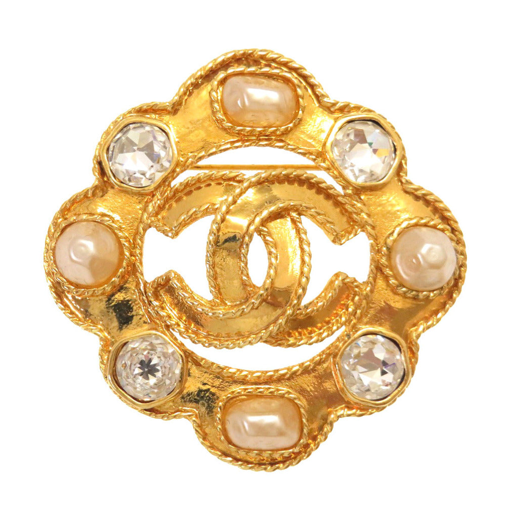 美品 シャネル ヴィンテージ フェイクパール ストーン 95A ゴールド ブローチ ココマーク アクセサリー 0249 【中古】 CHANEL