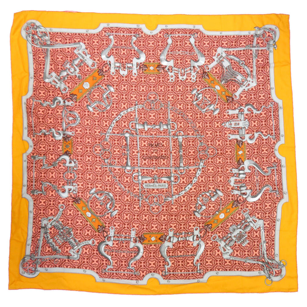 エルメス カレ140 馬銜と鎖 MORS ET GOURMETTES カシミヤ70％ シルク30％ オレンジ ストール 0266 【中古】 HERMES