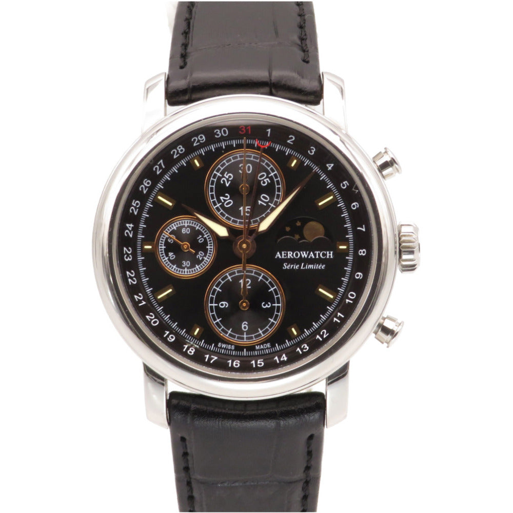 美品 アエロウォッチ  499本限定 ル グラン クラシック ムーンフェイズ 裏スケ 69927 自動巻き 腕時計 型押しレザー ブラック 黒 0306【中古】AEROWATCH メンズ