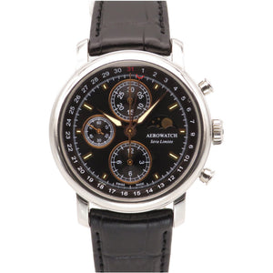 美品 アエロウォッチ  499本限定 ル グラン クラシック ムーンフェイズ 裏スケ 69927 自動巻き 腕時計 型押しレザー ブラック 黒 0306【中古】AEROWATCH メンズ