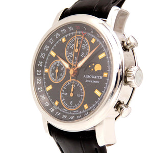 美品 アエロウォッチ  499本限定 ル グラン クラシック ムーンフェイズ 裏スケ 69927 自動巻き 腕時計 型押しレザー ブラック 黒 0306【中古】AEROWATCH メンズ