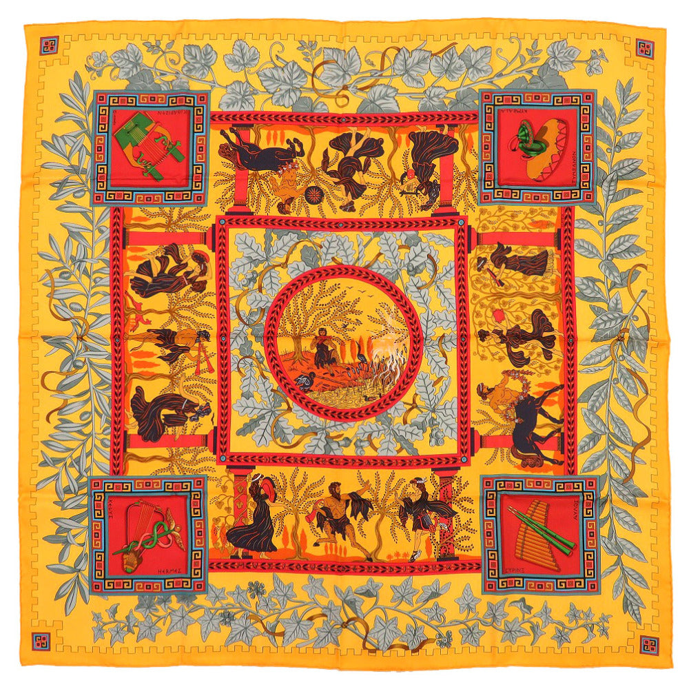 新品同様 エルメス カレ90 神々の音楽 ケンタウロス 楽器 シルク オレンジ スカーフ 0308 【中古】 HERMES