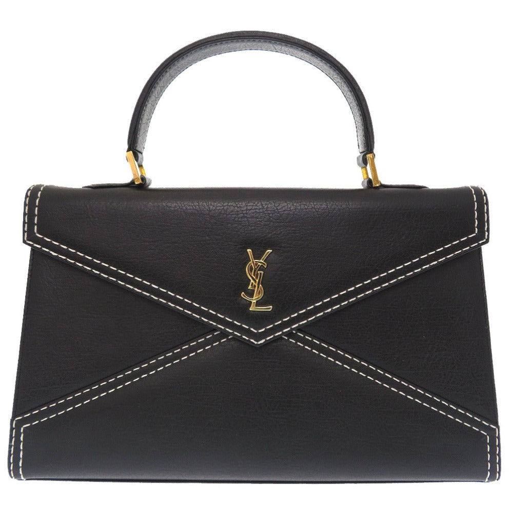 新品同様 イヴ サンローラン ヴィンテージ YSL レザー ブラック ホワイトステッチ ゴールド金具 ハンドバッグ バッグ 黒 0071 【中古】 YVES SAINT LAURENT