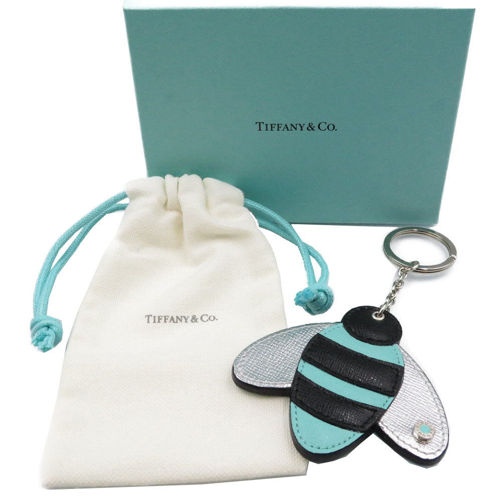 未使用 ティファニー 蜂 レザー シルバー金具 ブルー ブラック シルバー キーホルダー キーリング 0101【中古】TIFFANY&Co.