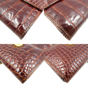 美品 サルヴァトーレフェラガモ 220048 ガンチーニ クロコ型押しレザー ゴールド金具 ブラウン 茶 三つ折り財布 がま口 0064【中古】Salvatore Ferragamo