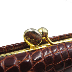 美品 サルヴァトーレフェラガモ 220048 ガンチーニ クロコ型押しレザー ゴールド金具 ブラウン 茶 三つ折り財布 がま口 0064【中古】Salvatore Ferragamo