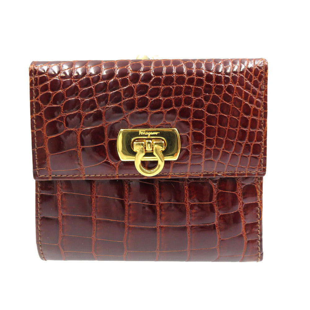 美品 サルヴァトーレフェラガモ 220048 ガンチーニ クロコ型押しレザー ゴールド金具 ブラウン 茶 三つ折り財布 がま口 0064【中古】Salvatore Ferragamo