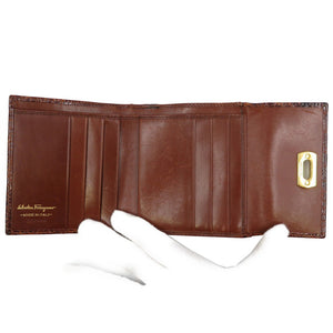 美品 サルヴァトーレフェラガモ 220048 ガンチーニ クロコ型押しレザー ゴールド金具 ブラウン 茶 三つ折り財布 がま口 0064【中古】Salvatore Ferragamo