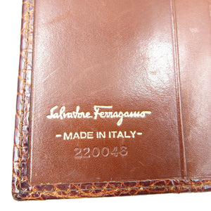 美品 サルヴァトーレフェラガモ 220048 ガンチーニ クロコ型押しレザー ゴールド金具 ブラウン 茶 三つ折り財布 がま口 0064【中古】Salvatore Ferragamo