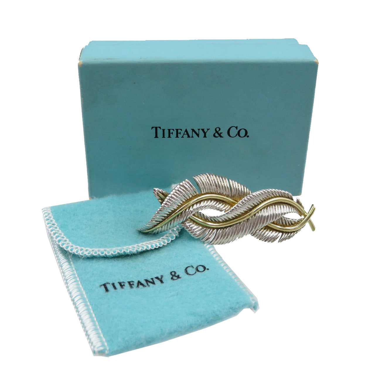 ティファニー シルバー925 18金 ヴィンテージ Wフェザー 羽 ブローチ シルバー イエローゴールド 0133【中古】TIFFANY&Co.
