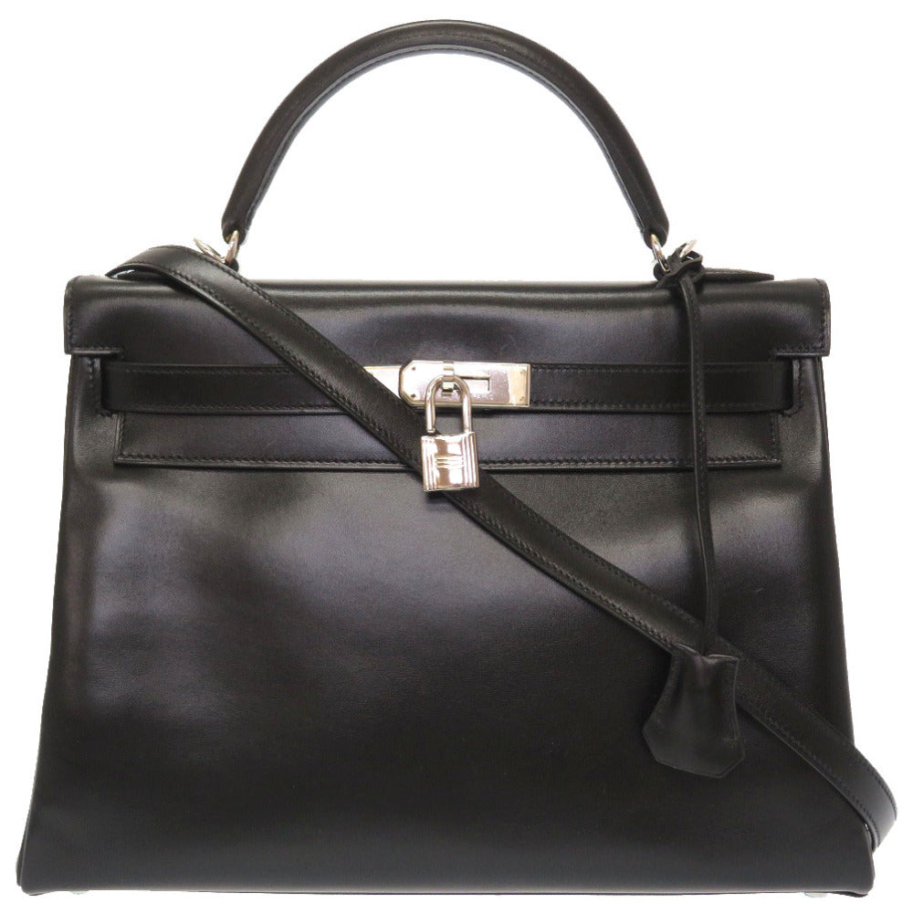美品 エルメス ケリー32 内縫い ボックスカーフ ブラック シルバー金具 新金具 □L刻印 ハンドバッグ バッグ 黒 0017 【中古】 HERMES