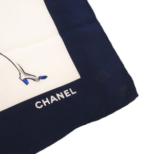 シャネル ココシャネル シルク ベージュ ネイビー スカーフ 0089 【中古】 CHANEL