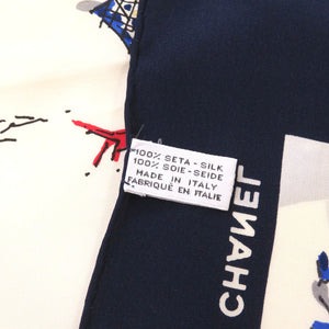 シャネル ココシャネル シルク ベージュ ネイビー スカーフ 0089 【中古】 CHANEL