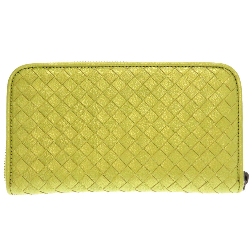 未使用 ボッテガ ヴェネタ イントレチャート レザー 黄緑 ラウンドファスナー長財布 財布 0092 【中古】BOTTEGA VENETA