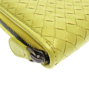 未使用 ボッテガ ヴェネタ イントレチャート レザー 黄緑 ラウンドファスナー長財布 財布 0092 【中古】BOTTEGA VENETA
