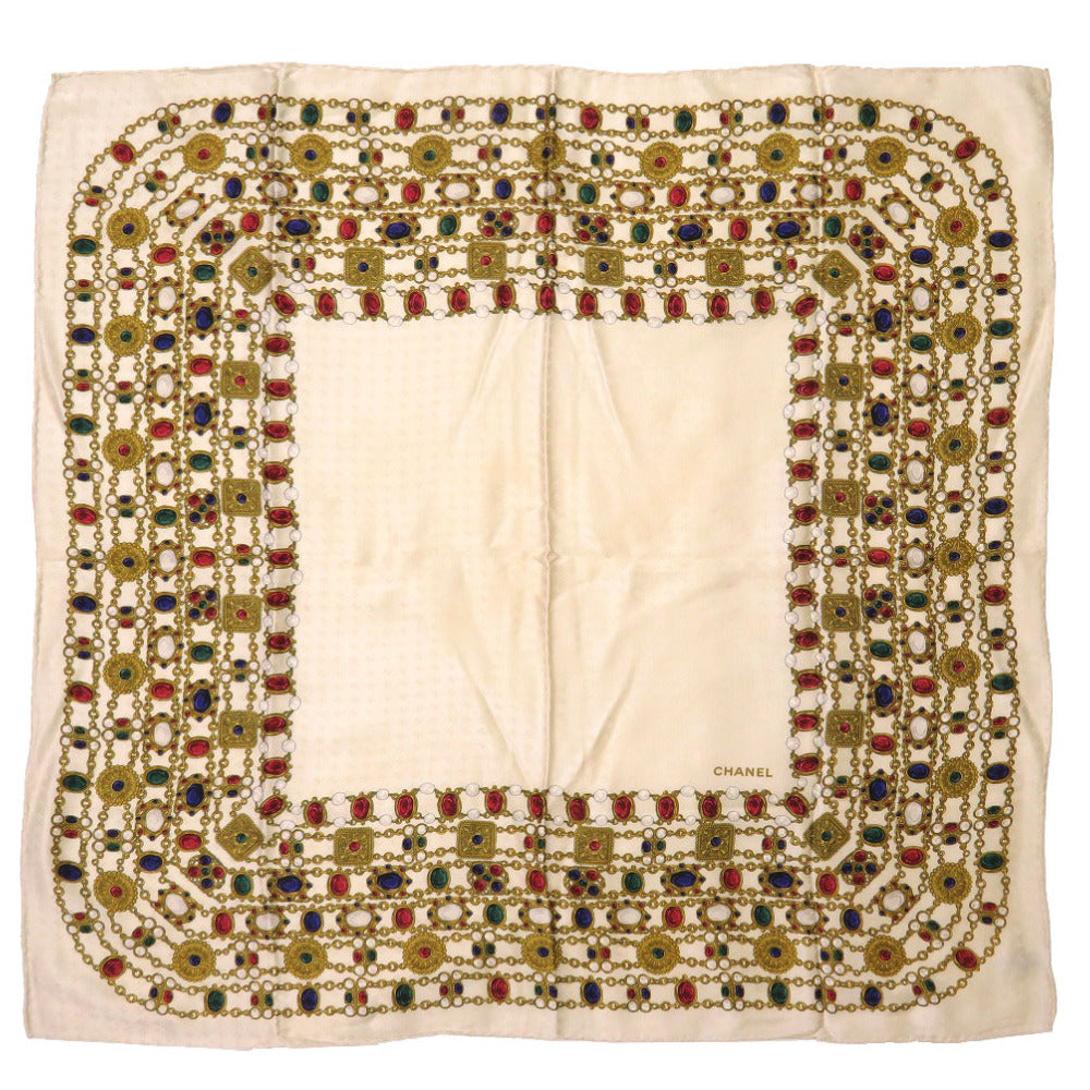 シャネル ヴィンテージ ストーン アクセサリー モチーフ シルク ベージュ スカーフ 0132 【中古】 CHANEL