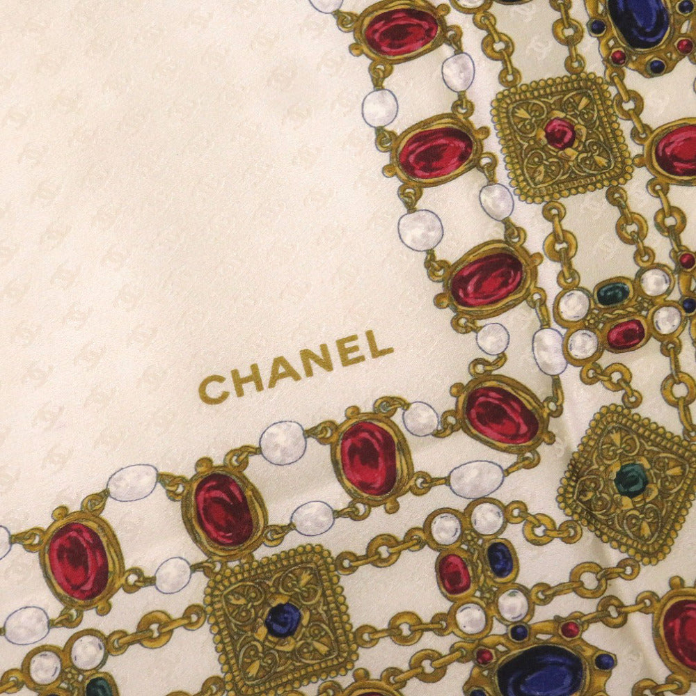 シャネル ヴィンテージ ストーン アクセサリー モチーフ シルク ベージュ スカーフ 0132 【中古】 CHANEL