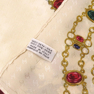 シャネル ヴィンテージ ストーン アクセサリー モチーフ シルク ベージュ スカーフ 0132 【中古】 CHANEL