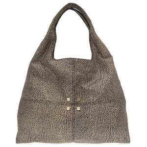 美品 ボルボネーゼ うずら柄 ナイロン レザー ブラック 黒 ベージュ ハンドバッグ 0191【中古】BORBONESE