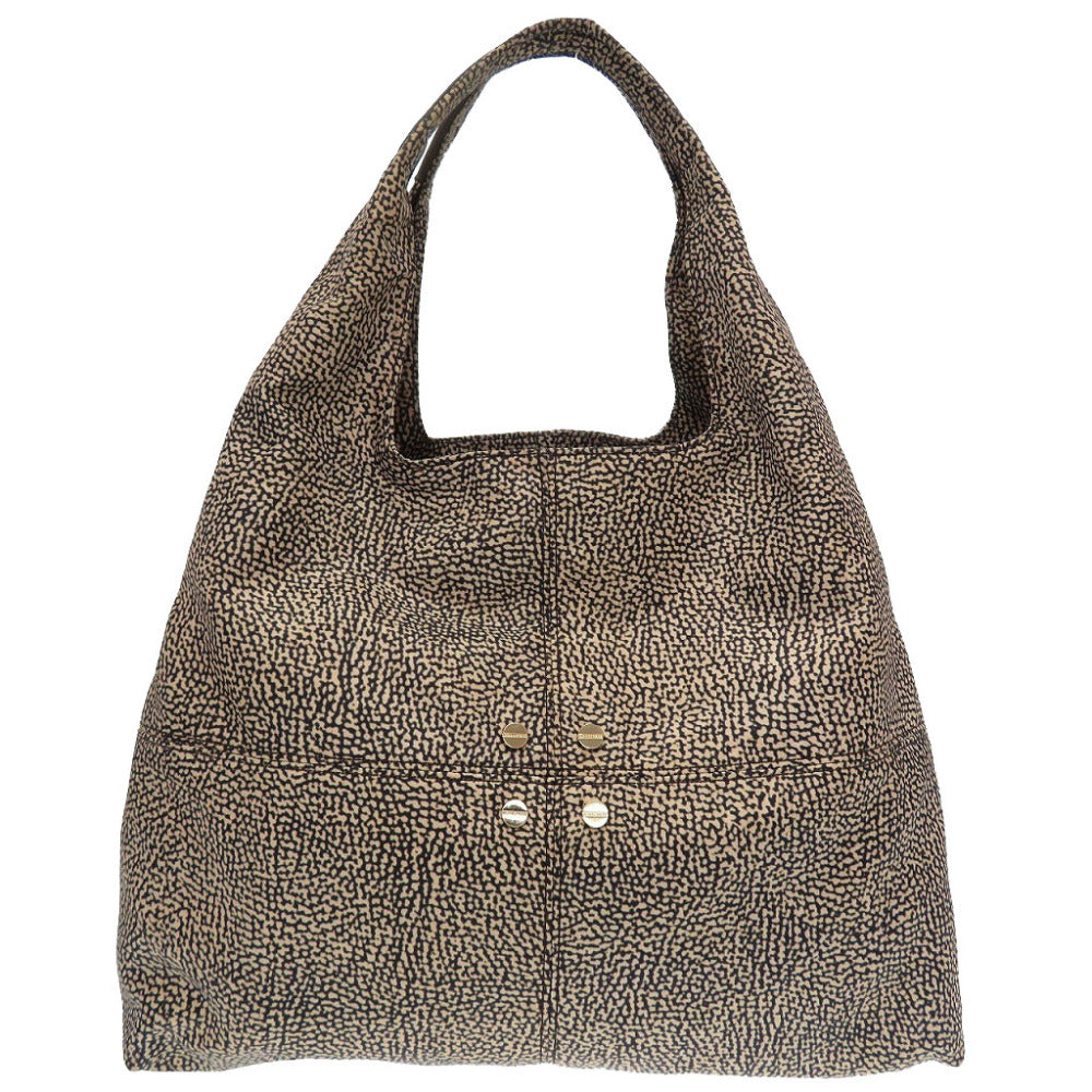 美品 ボルボネーゼ うずら柄 ナイロン レザー ブラック 黒 ベージュ ハンドバッグ 0191【中古】BORBONESE