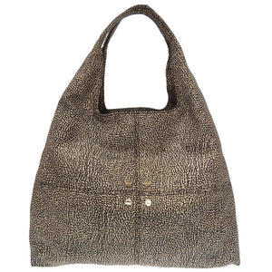 美品 ボルボネーゼ うずら柄 ナイロン レザー ブラック 黒 ベージュ ハンドバッグ 0191【中古】BORBONESE