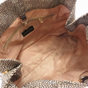 美品 ボルボネーゼ うずら柄 ナイロン レザー ブラック 黒 ベージュ ハンドバッグ 0191【中古】BORBONESE