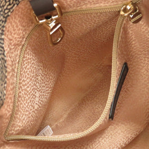 美品 ボルボネーゼ うずら柄 ナイロン レザー ブラック 黒 ベージュ ハンドバッグ 0191【中古】BORBONESE