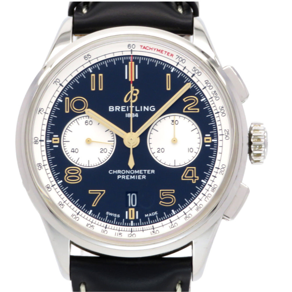 新品同様 ブライトリング プレミエ B01 クロノグラフ ノートン AB0118A21B1X2 自動巻き 腕時計 SS/レザー ブラック 黒文字盤 0085【中古】BREITLING メンズ