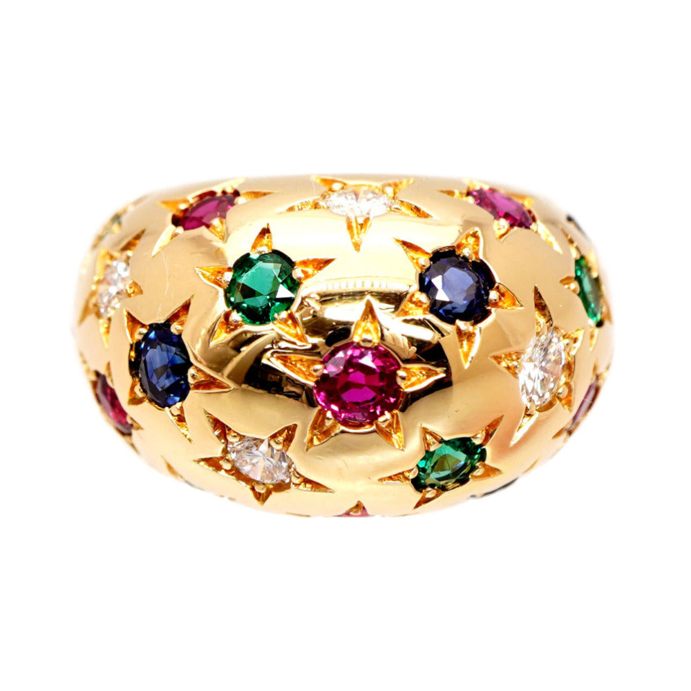新品同様 カルティエ スターバースト ドーム リング 750YG/ダイヤモンド/ルビー/エメラルド/サファイア ＃51 K18ゴールド 指輪 0159【中古】CARTIER