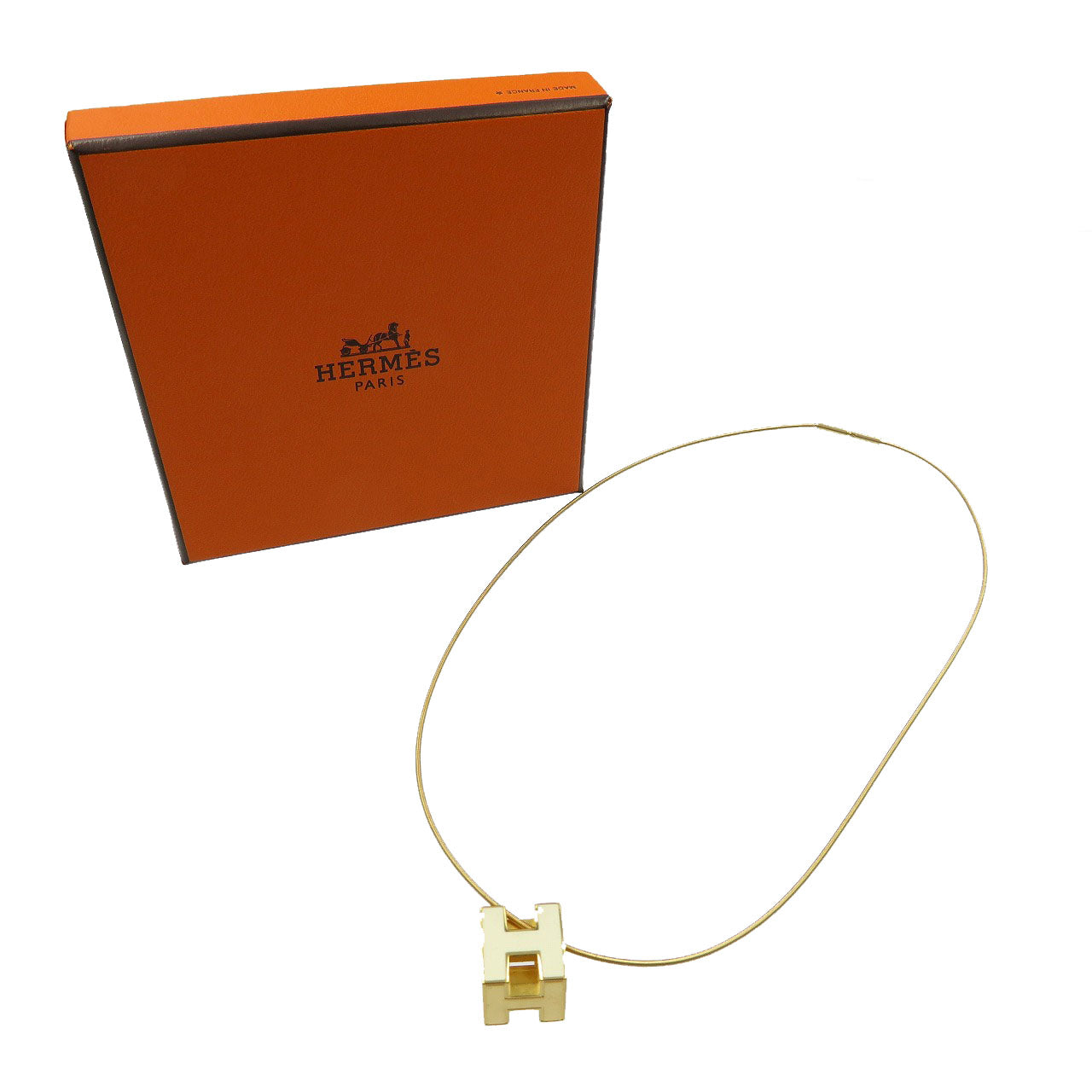 美品 エルメス ガージュドアッシュ ネックレス Ｈキューブ メタル ゴールド ホワイト 白 ネックレス 0057【中古】HERMES