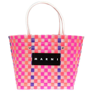 新品同様 マル二 フラワーカフェ マルチカラー ポリプロピレン ピンク ホワイト 白 ピクニックバッグ バスケットバッグ カゴ 0112【中古】MARNI