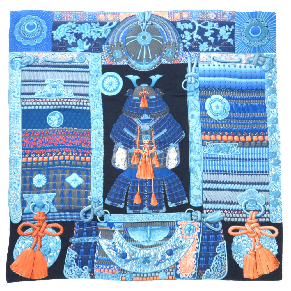 美品 エルメス カレ140  侍の鎧兜 Parures de Samourais カシミヤ シルク ブルー ストール 青 0120 【中古】 HERMES
