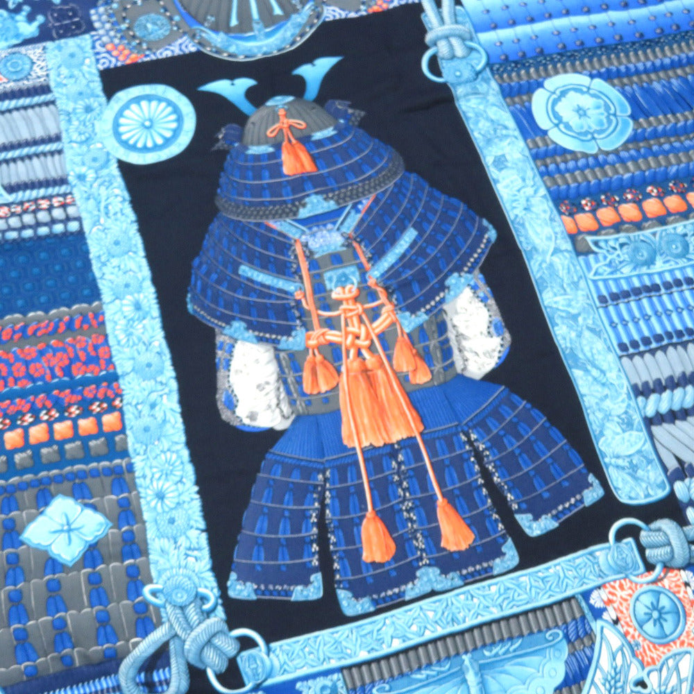 美品 エルメス カレ140  侍の鎧兜 Parures de Samourais カシミヤ シルク ブルー ストール 青 0120 【中古】 HERMES
