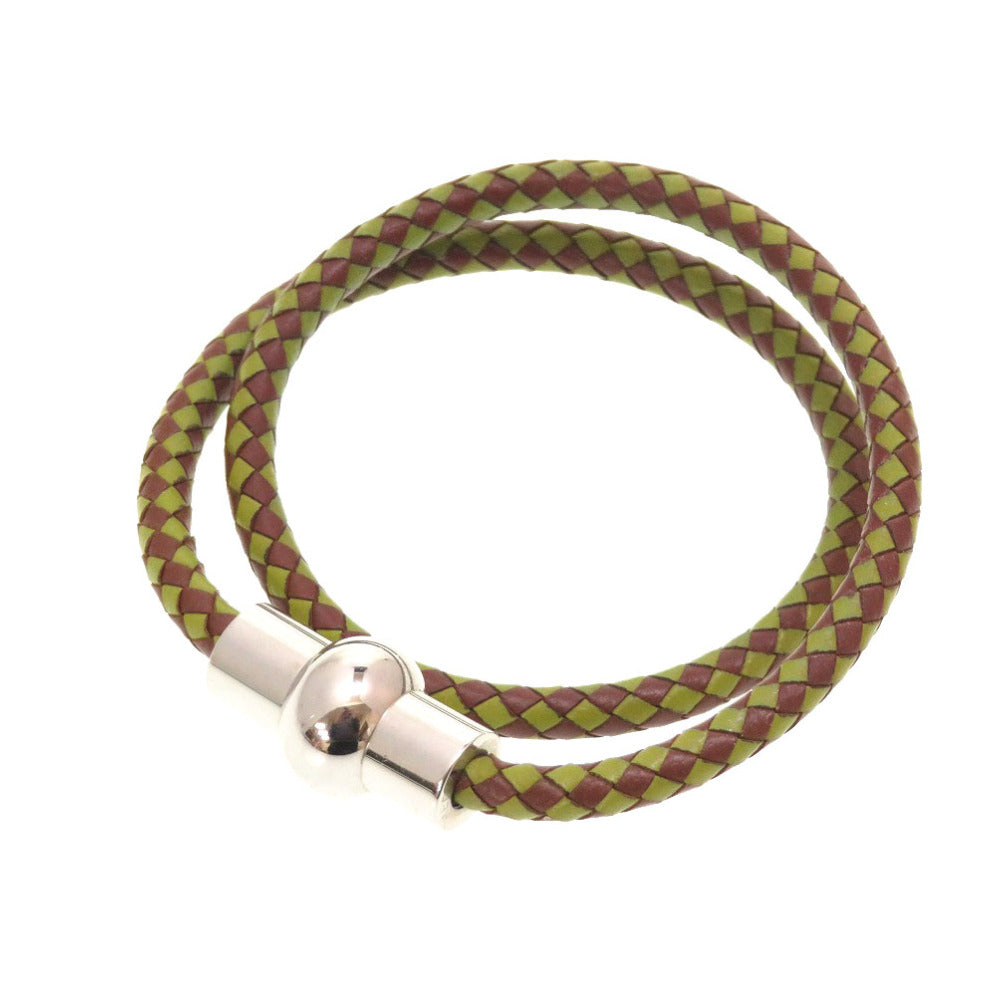 美品 エルメス レザー 編み込み ブラウン グリーン 茶 緑 チョーカー 2連 ブレスレット 0146【中古】HERMES