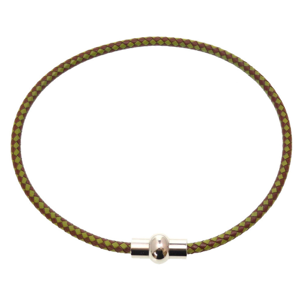 美品 エルメス レザー 編み込み ブラウン グリーン 茶 緑 チョーカー 2連 ブレスレット 0146【中古】HERMES