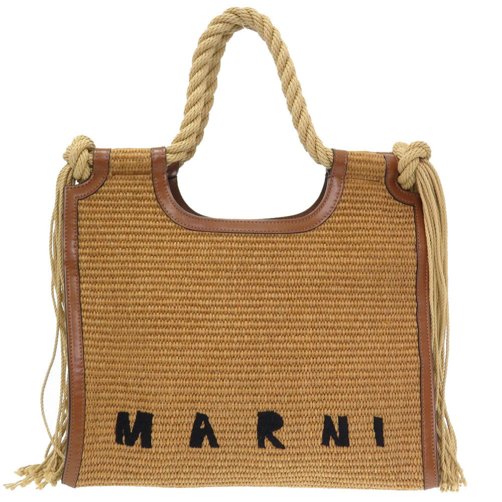 新品同様 マル二 バーチカル ショッピングバッグ ロープハンドル ラフィア レザー ベージュ ブラウン 茶 ショッピングバッグ 0024【中古】MARNI