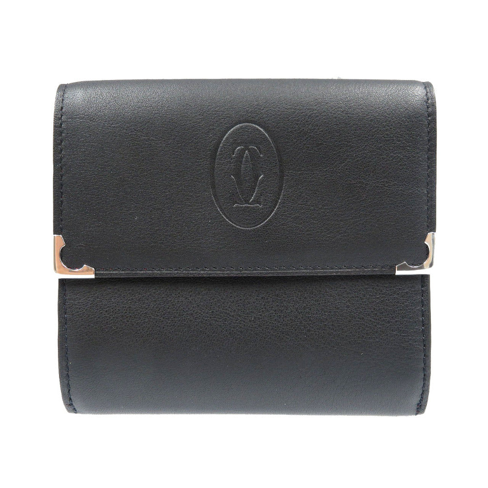 新品同様 カルティエ マストライン レザー シルバー金具 ブラック 黒 Ｗホック 三つ折り財布 0099【中古】Cartier