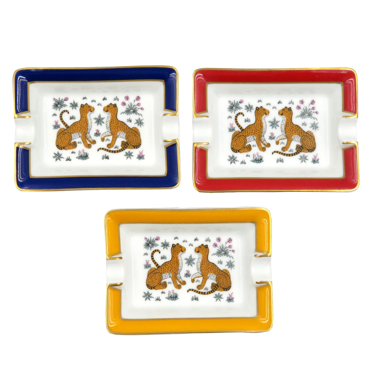 未使用 エルメス ミニアッシュトレイ 陶器 ネイビー レッド イエロー チーター 灰皿 0100【中古】HERMES