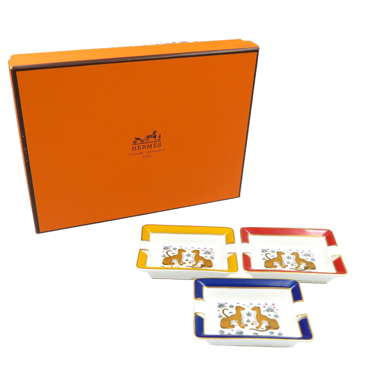 未使用 エルメス ミニアッシュトレイ 陶器 ネイビー レッド イエロー チーター 灰皿 0100【中古】HERMES