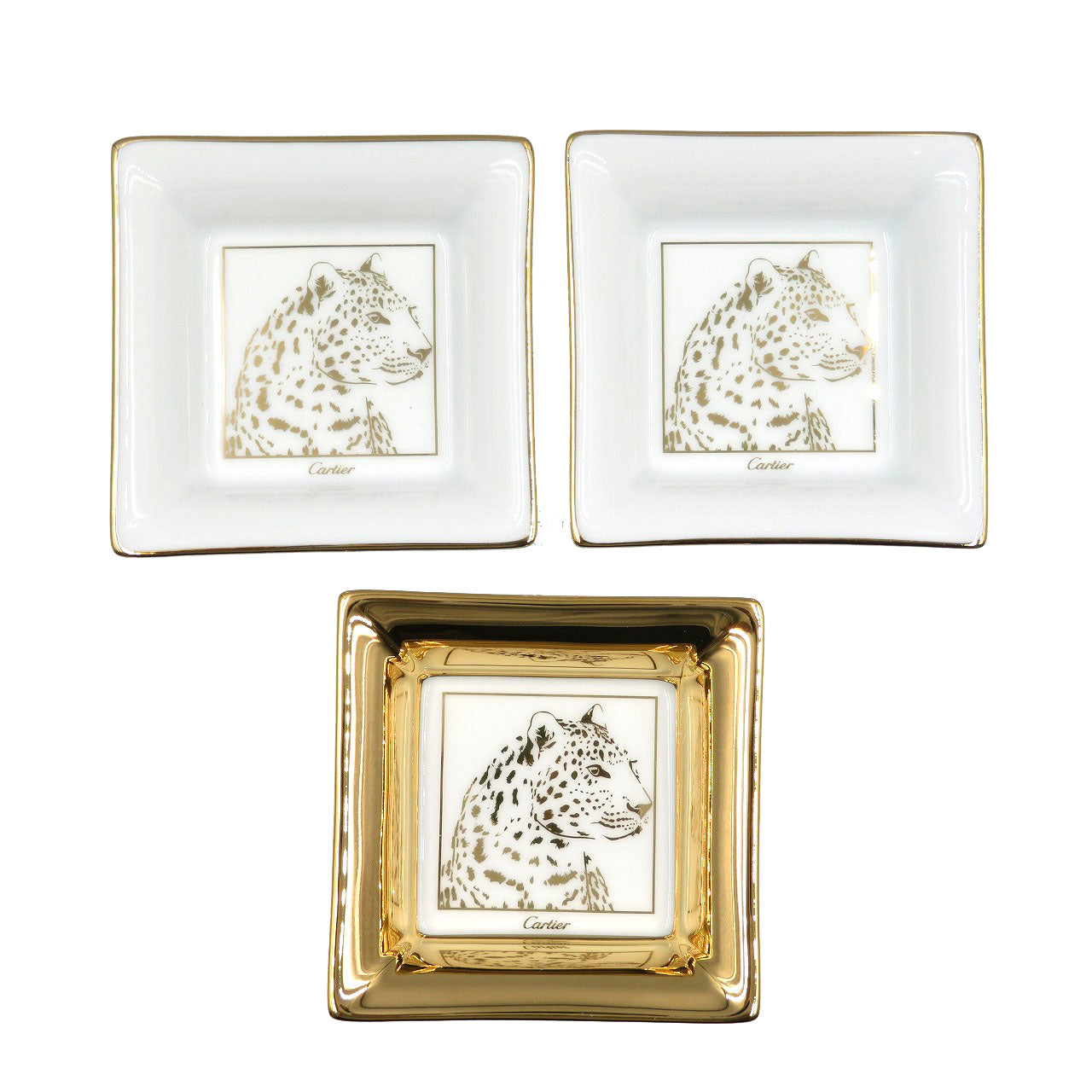未使用 カルティエ トリンケットトレー 陶器 ホワイト ゴールド パンサー ヒョウ 小皿 ミニトレイ 0103【中古】Cartier