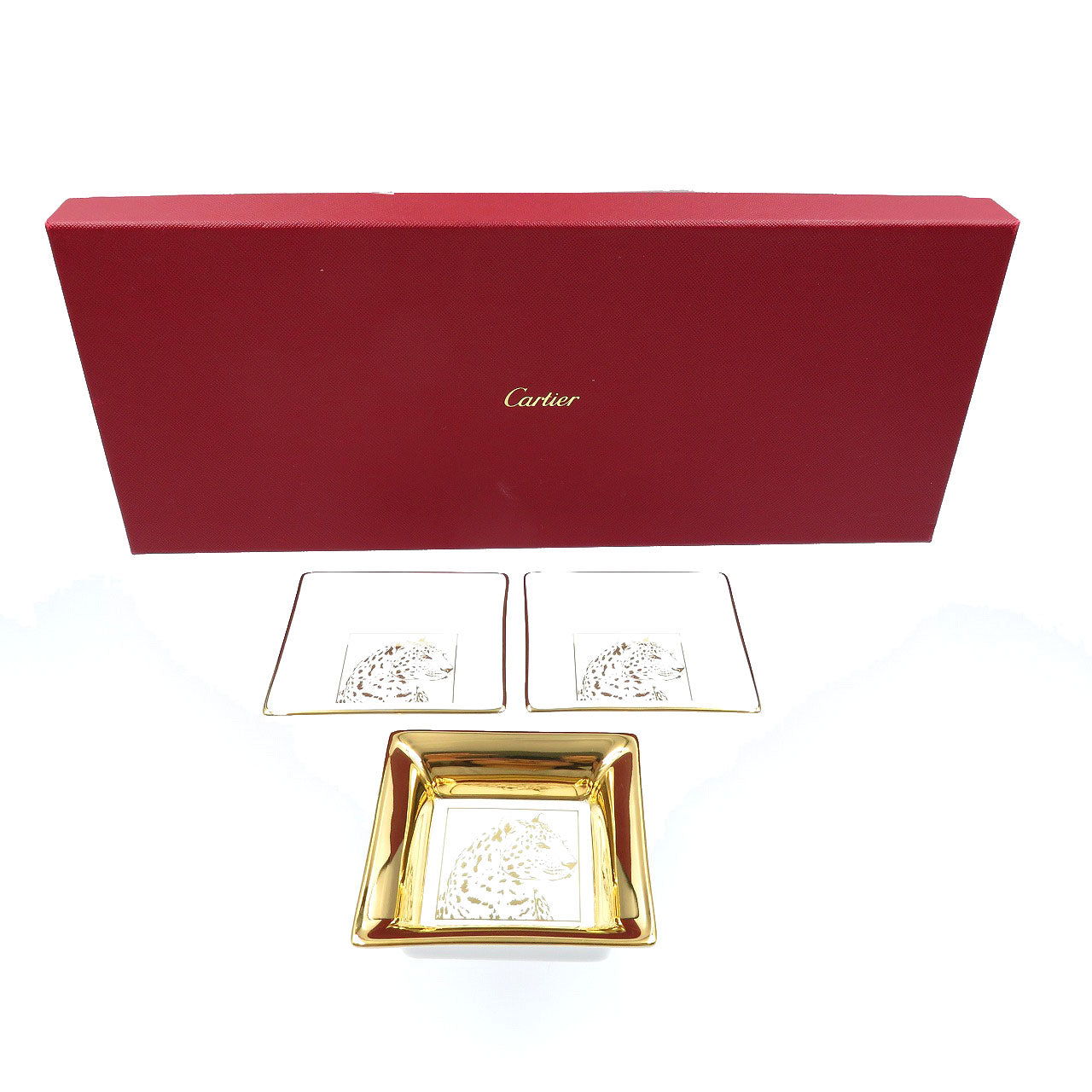 未使用 カルティエ トリンケットトレー 陶器 ホワイト ゴールド パンサー ヒョウ 小皿 ミニトレイ 0103【中古】Cartier