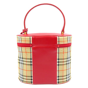 美品 バーバリー ノバチェック キャンバス レザー ゴールド金具 ベージュ レッド バニティバッグ ハンドバッグ 0105【中古】BURBERRY